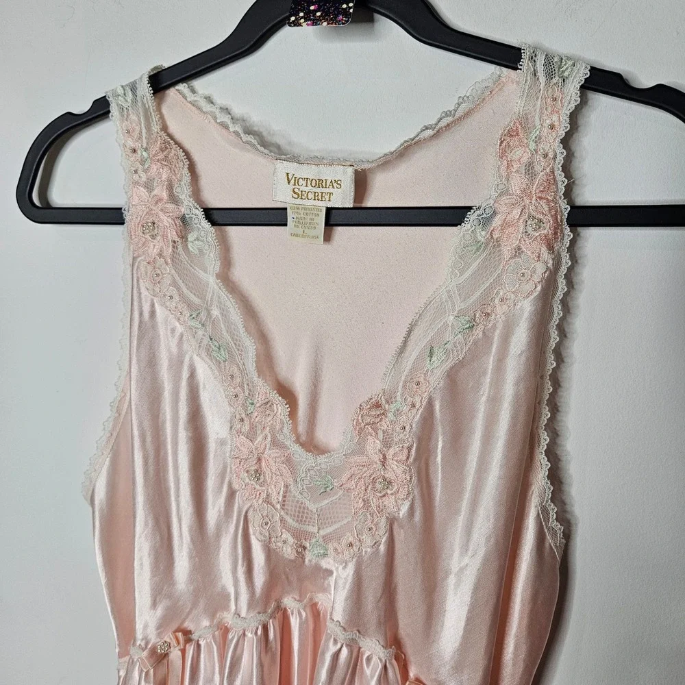 Vintage Victorias Secret Gold Label Pink Satin Lace Maxi Nightgown L Romantic